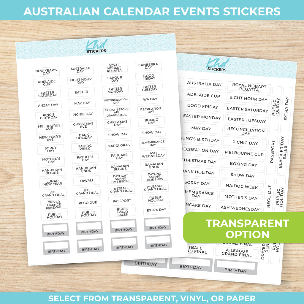 Australian Holidays & Events for Hobonichi Weeks and Cousin Weeks (smaller) / White Vinyl