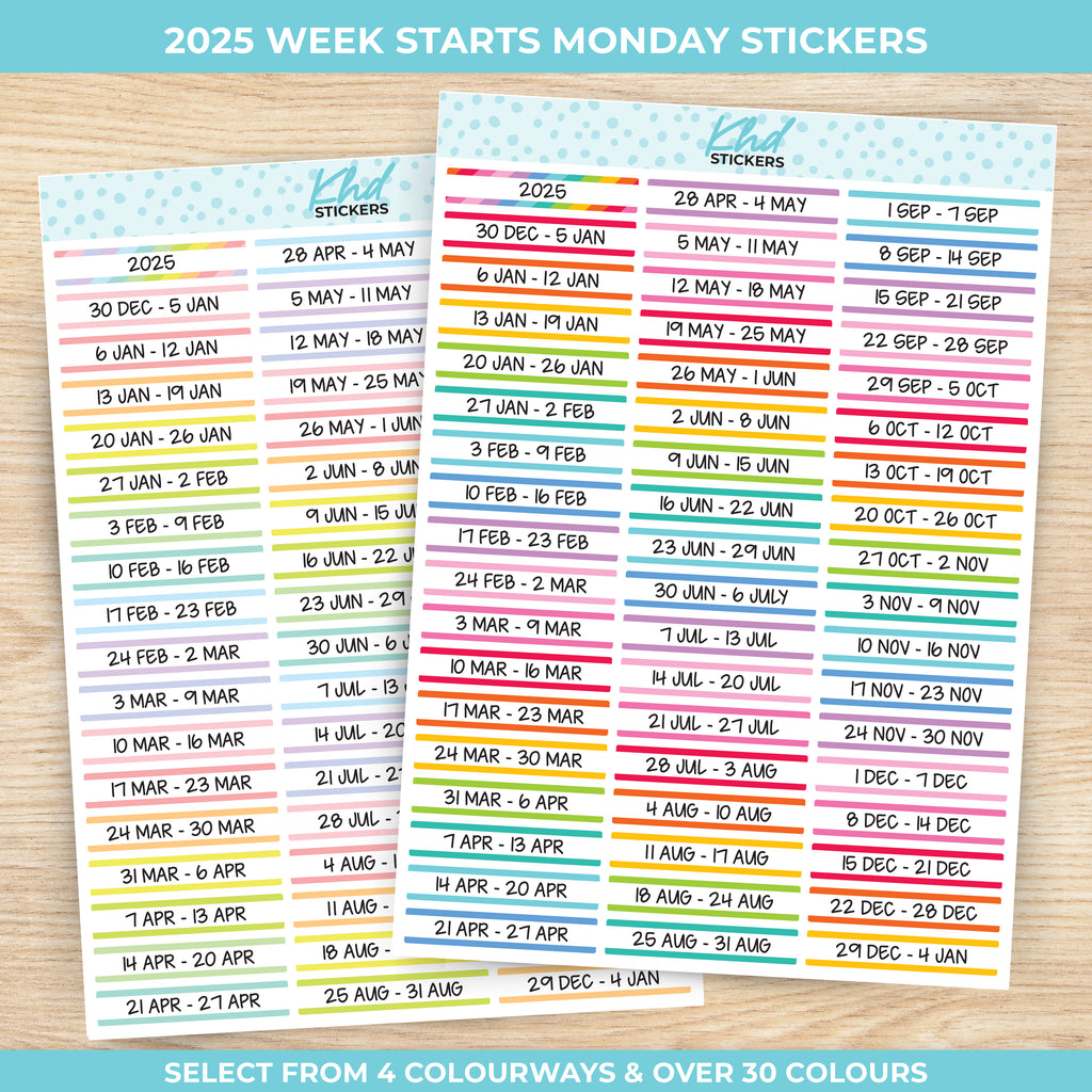 2025 Weekly Dated Stickers, Week Starts Monday 2025