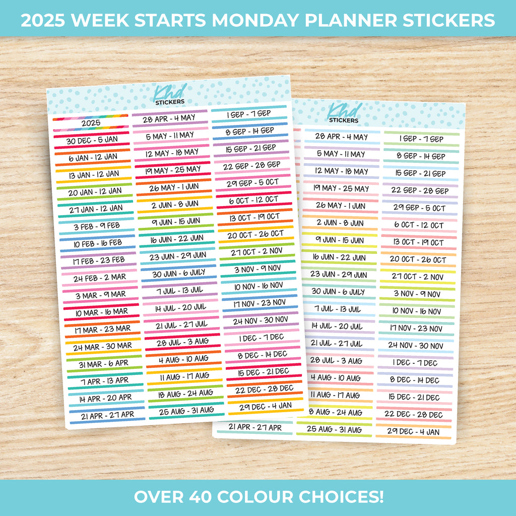 2024 or 2025 Weekly Dated Stickers, Week Starts Monday 2025