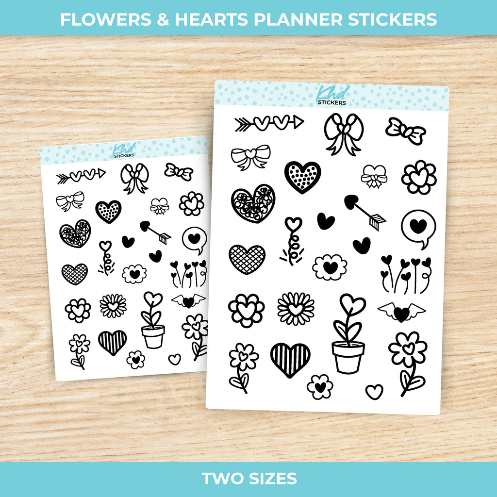 Black & White Flowers and Heart Stickers Small