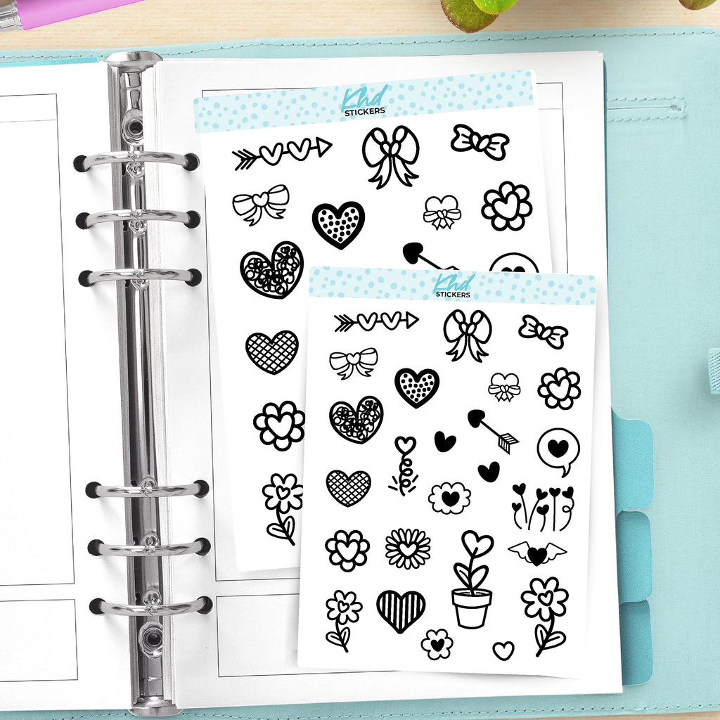 Black & White Flowers and Heart Stickers Small