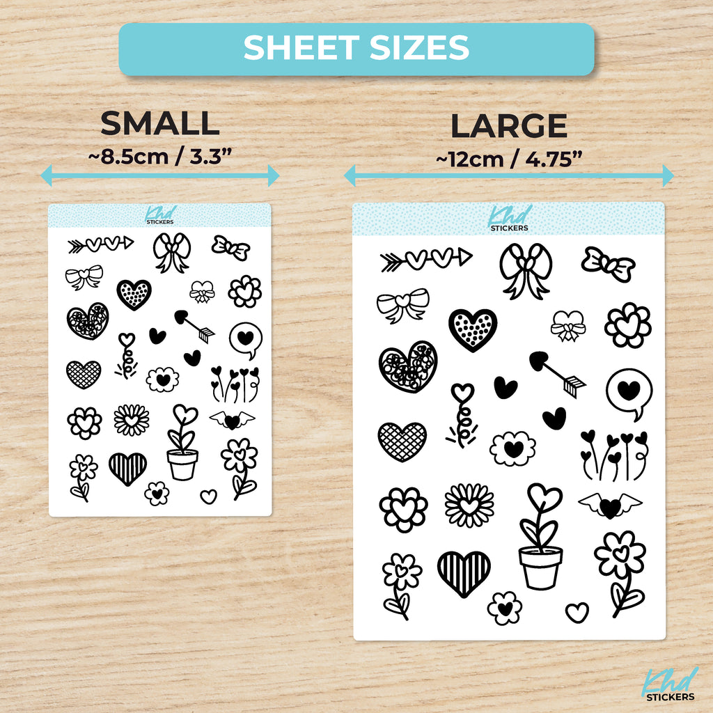 Black & White Flowers and Heart Stickers Small