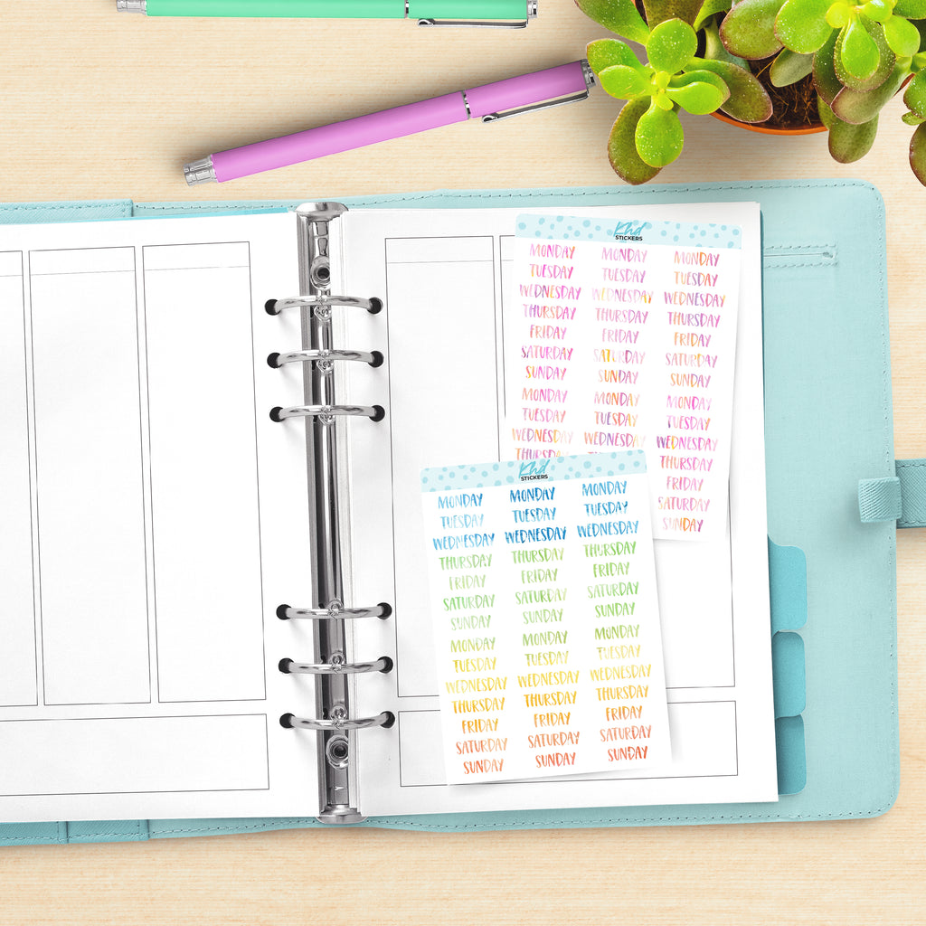 Watercolour Days of the Week Planner Stickers Aurora