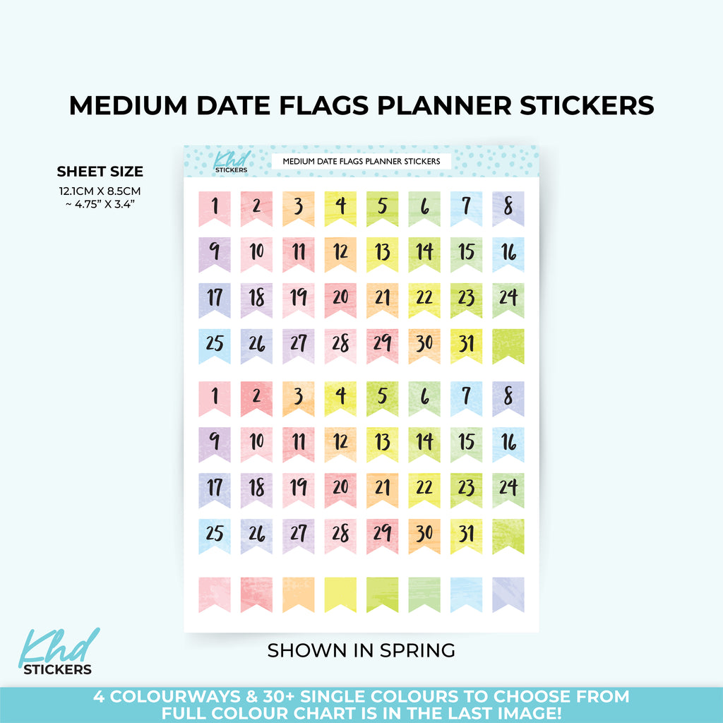 Watercolour Date Flags – Functional Planner Stickers - 9mm height. Vinyl (Removable) / LIFE