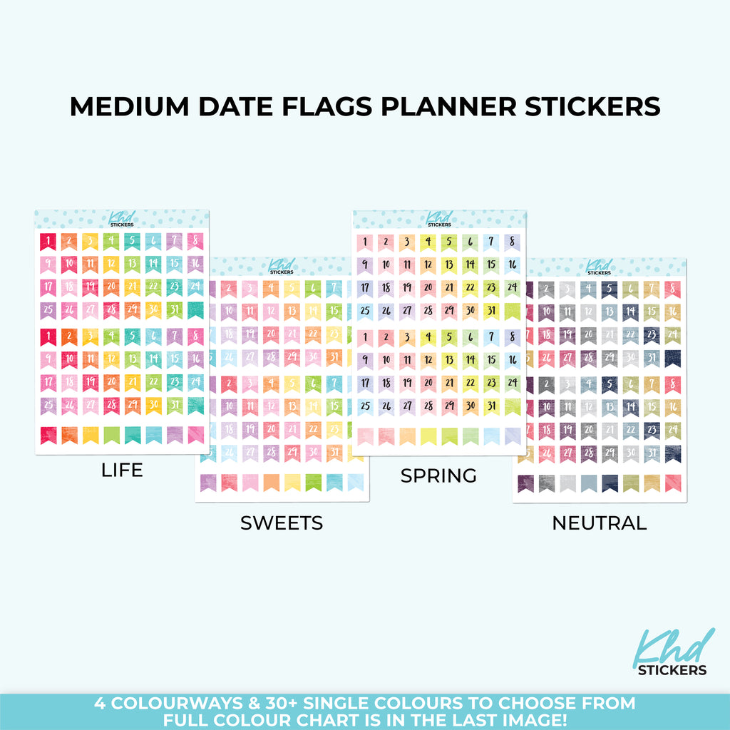Watercolour Date Flags – Functional Planner Stickers - 9mm height. Vinyl (Removable) / LIFE