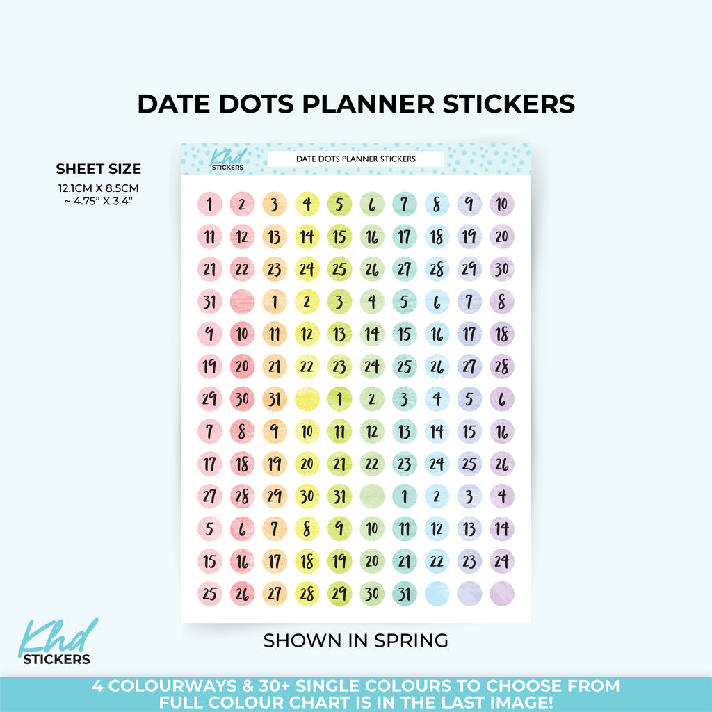 Watercolour Date Dot Stickers – Pastel Planner Dots Vinyl (Removable) / LIFE