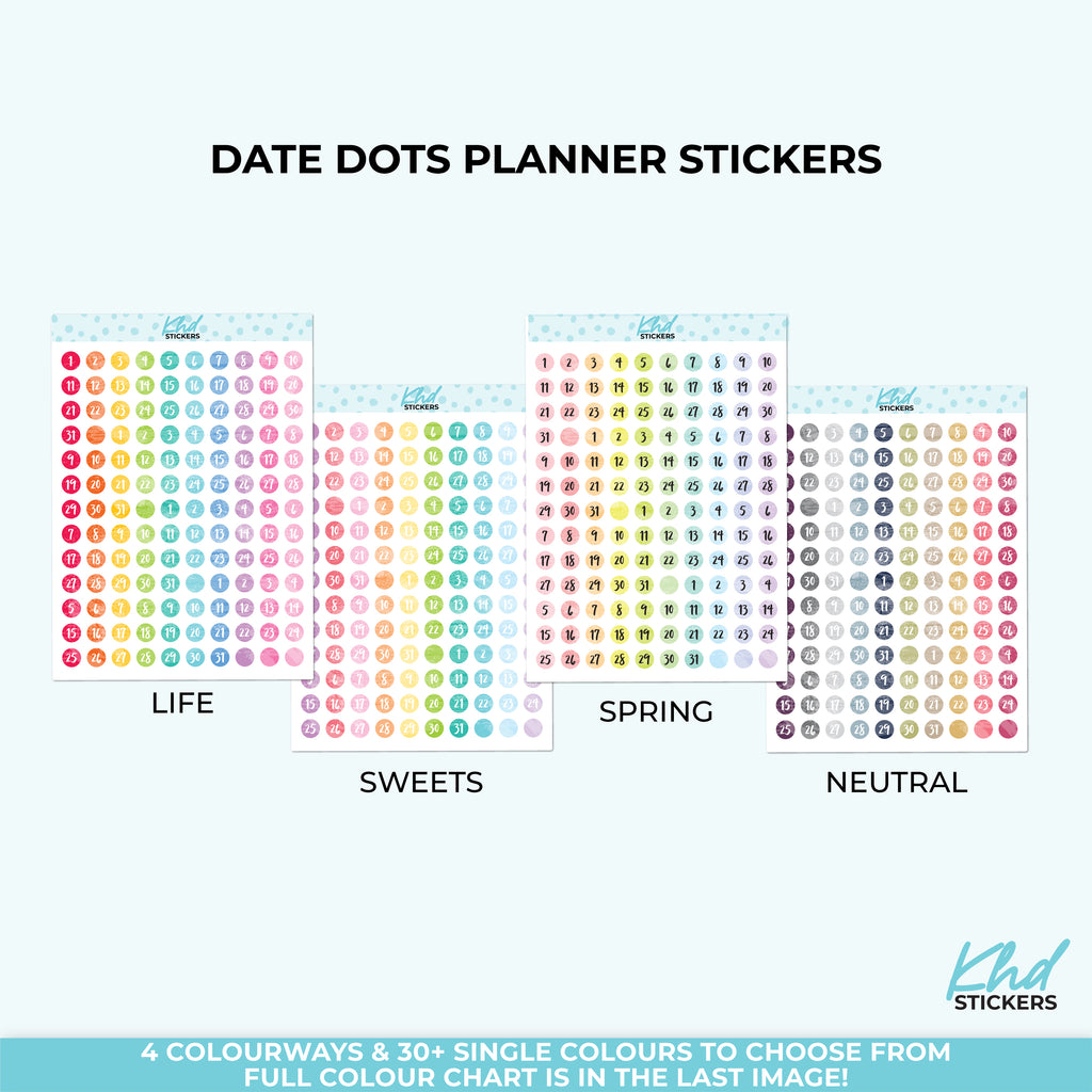 Watercolour Date Dot Stickers – Pastel Planner Dots Vinyl (Removable) / LIFE