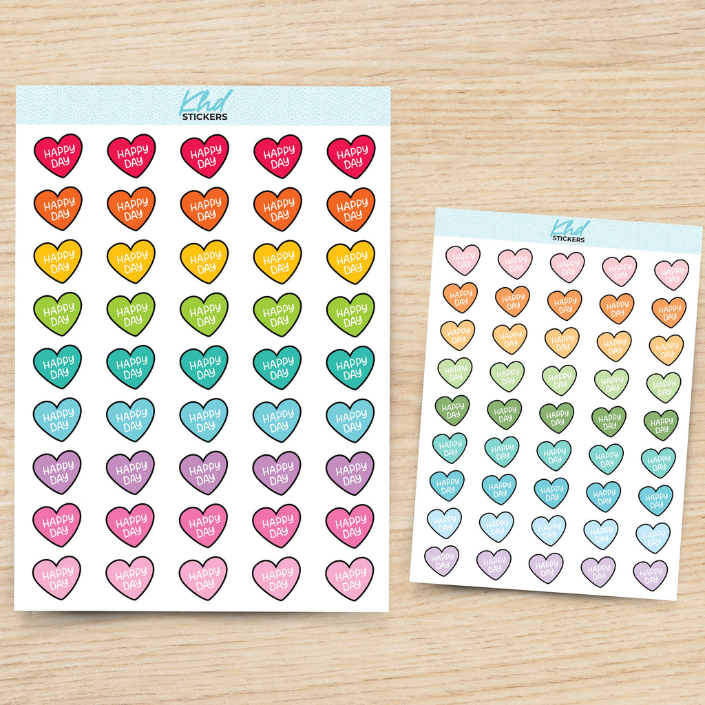 Happy Day Heart Planner Stickers, with over 30 colours and 2 sizes. Removable Vinyl Stickers.