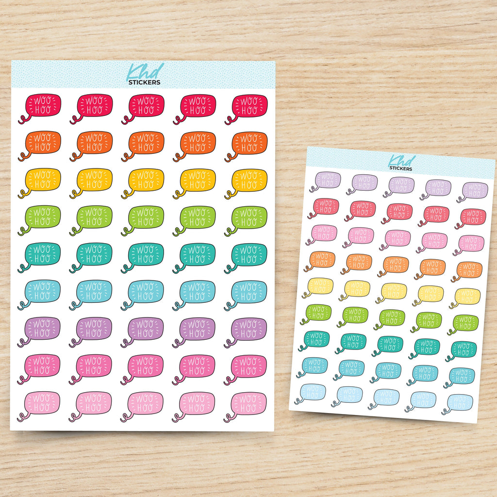 Woo Hoo Planner Stickers, with over 30 colours and 2 sizes. Removable Vinyl Stickers.