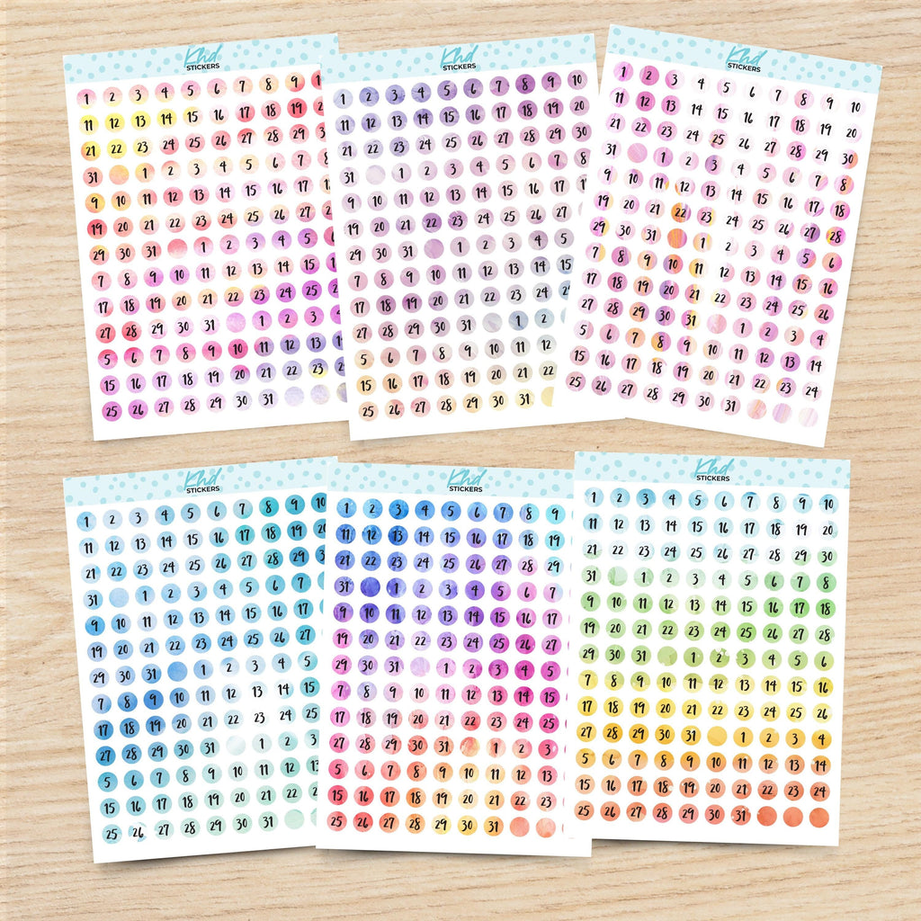 Watercolour Date Dots Planner Stickers, Watercolour Collection, Removable