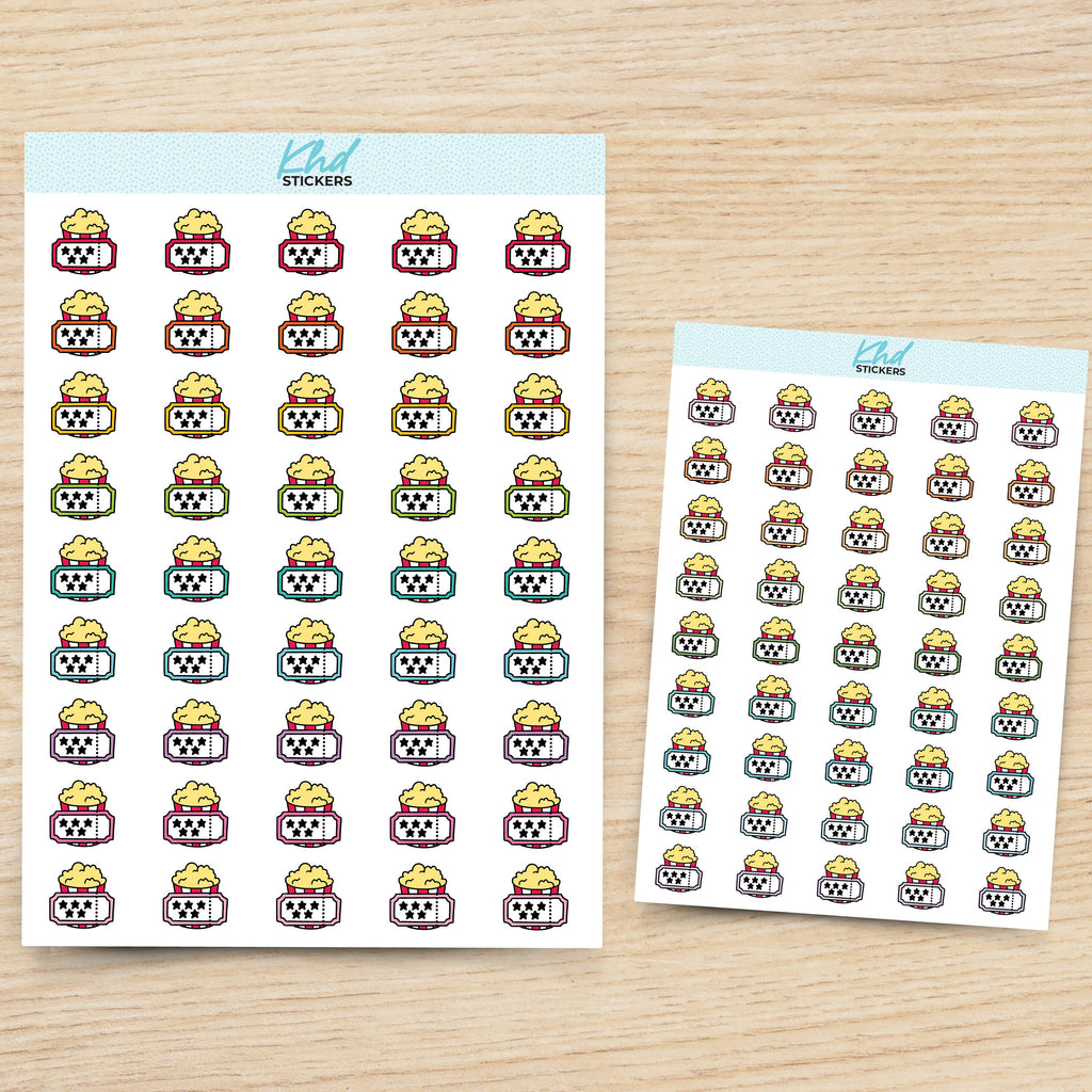 Movie and Popcorn Planner Stickers, with over 30 colours and 2 sizes. Removable Vinyl Stickers.
