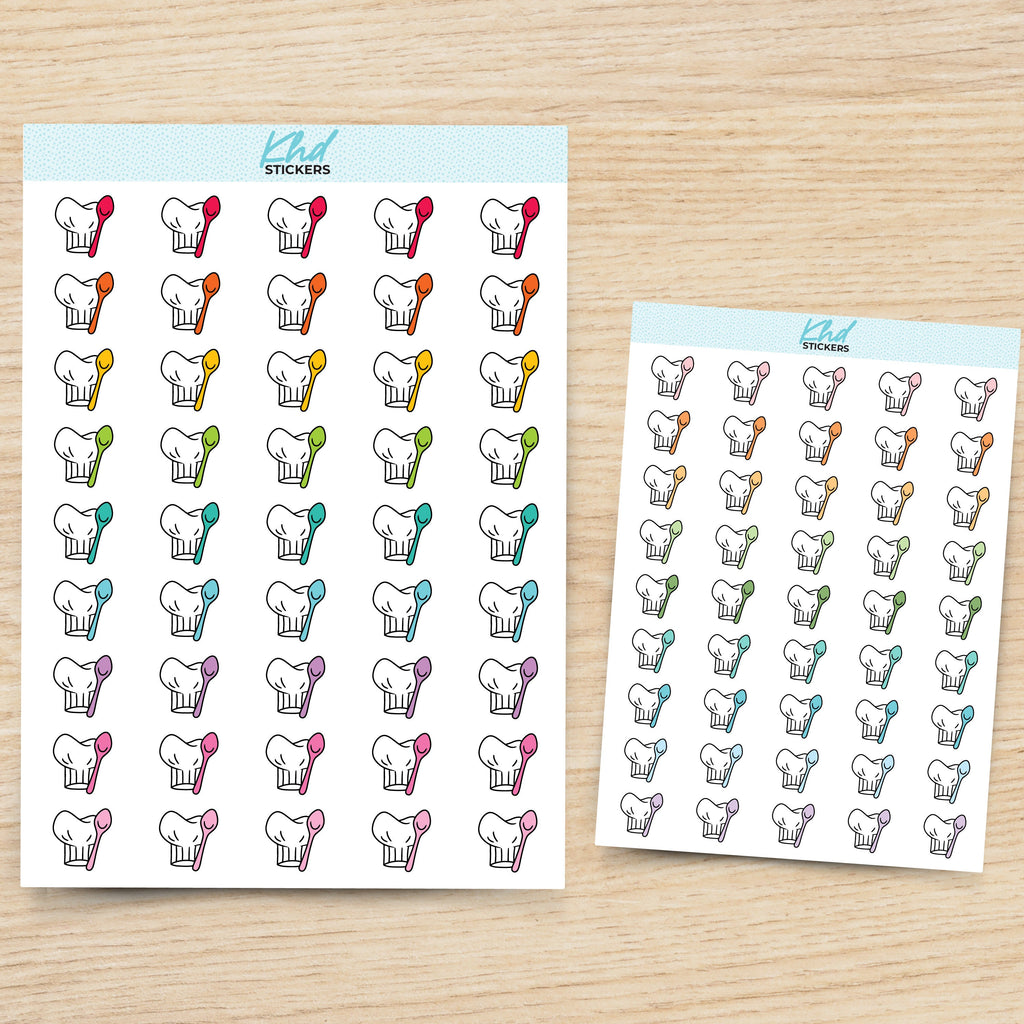 Cooking and baking, Chef's hat planner stickers, with over 30 colours and 2 sizes. Removable Vinyl Stickers.