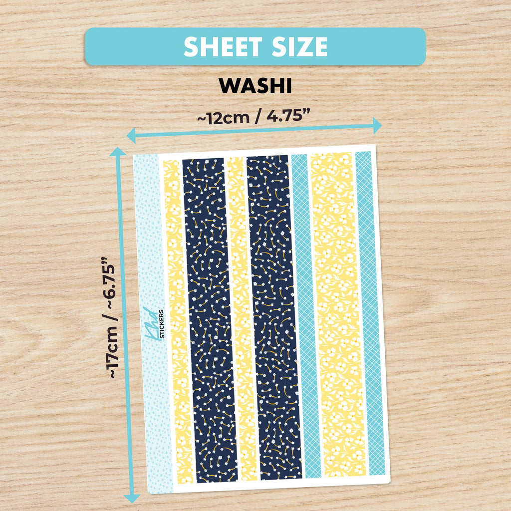 Navy blue & yellow floral Decorative Washi Strip Stickers, to fit most planners, dot journals, and notebooks. Set 47006