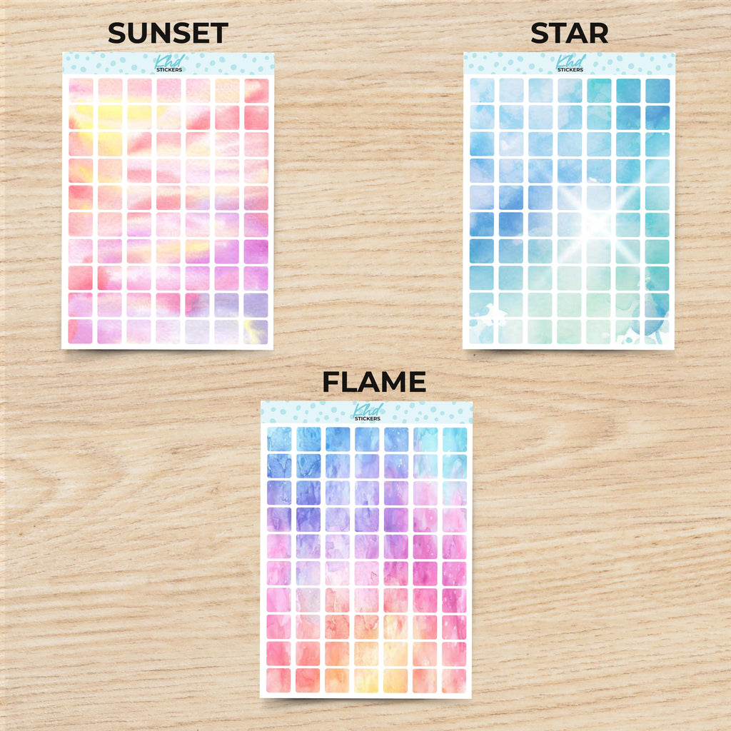 Large Squares Planner Stickers, Watercolour Collection, Removable