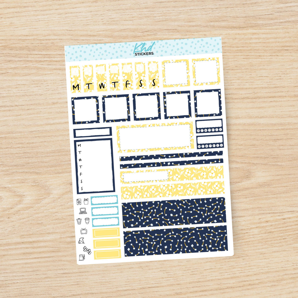 Navy blue & yellow floral sticker kit to fit Hobonichi Weeks, Set 47006