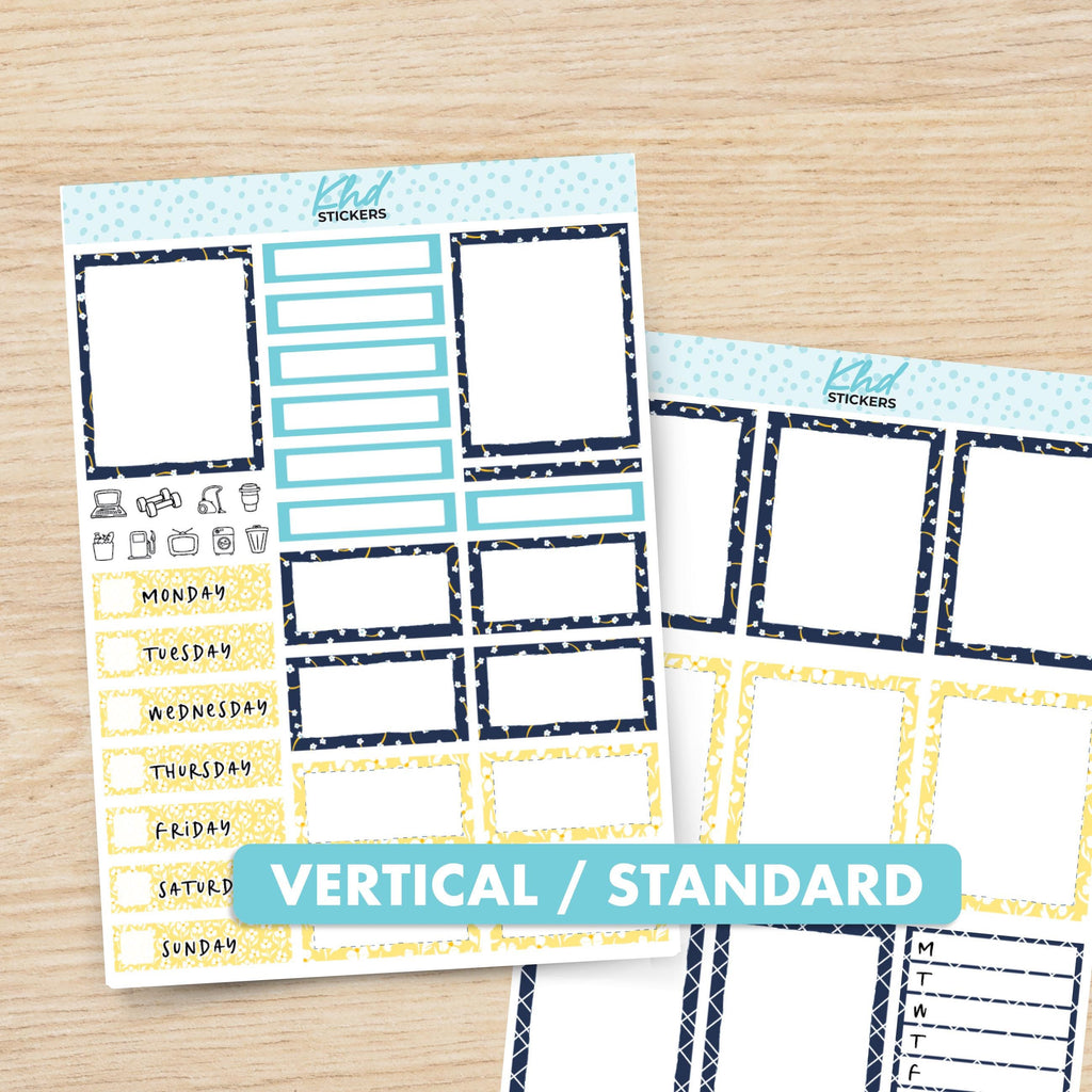 Vertical Navy blue & yellow floral Planner Sticker Set, Set 47006