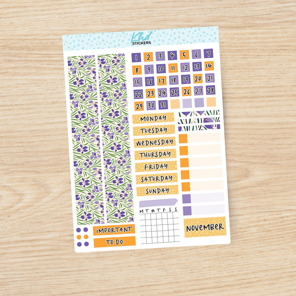 Purple Floral Hobonichi Cousin (A5) Monthly View Planner Sticker Kit