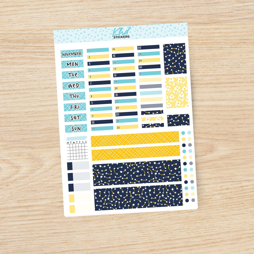 Navy Blue & Yellow Hobonichi Weeks Monthly View Planner Sticker Kit, Choice of Monthly, Set 47006