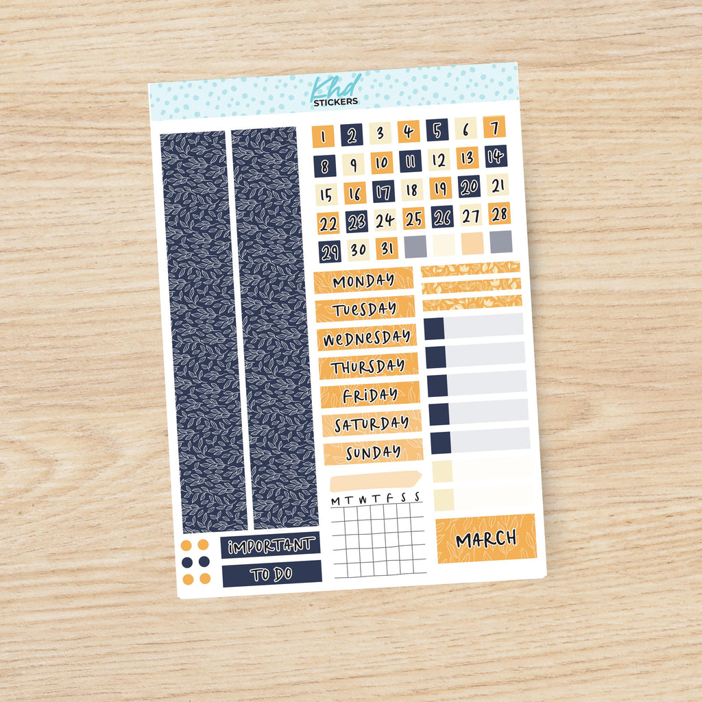 Navy Bloom Hobonichi Cousin (A5) Monthly View Planner Sticker Kit, Choice of Month, Set 47021