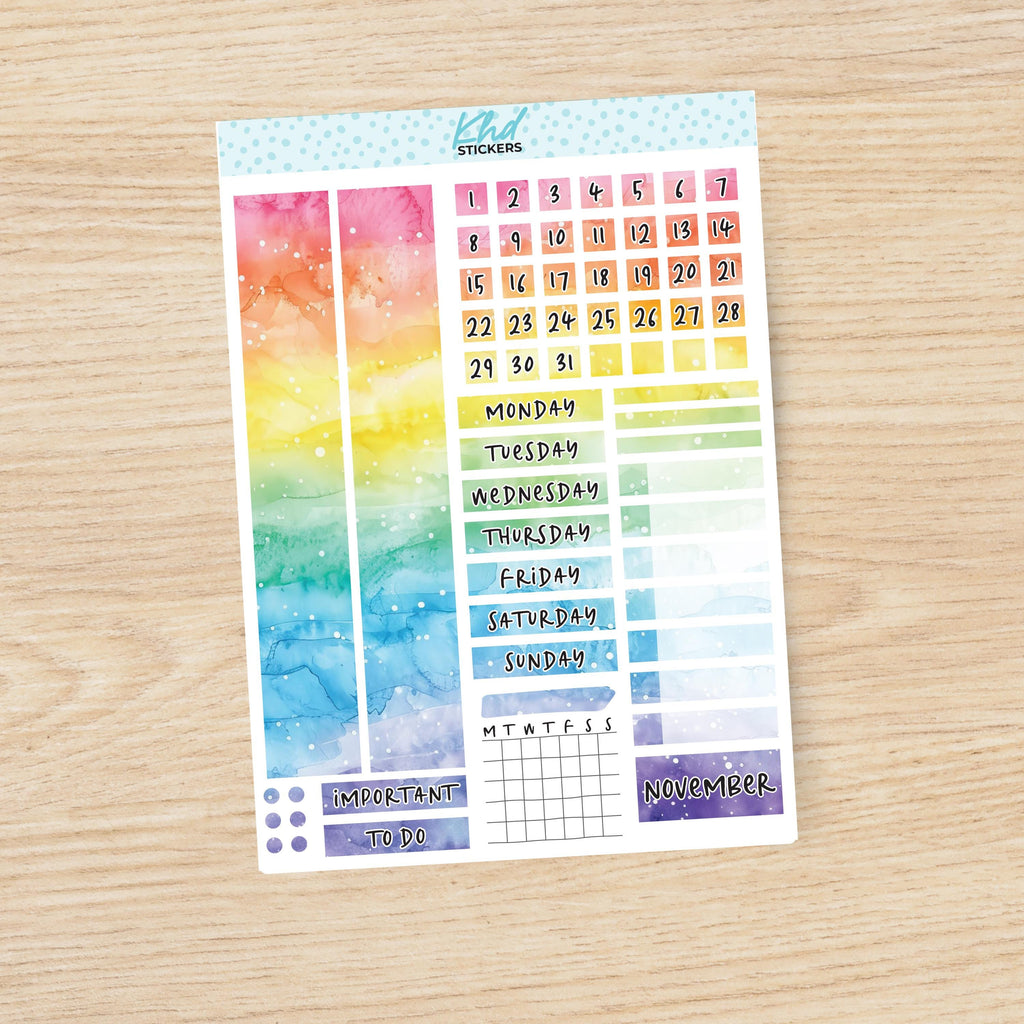 Rainbow Watercolour Hobonichi Cousin (A5) Monthly View Planner Sticker Kit, Choice of Month, Set 47023