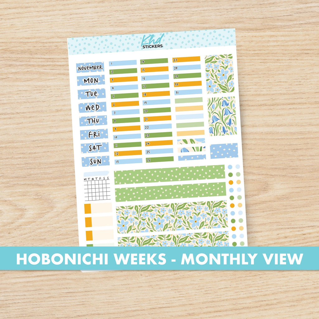 Floral Blue & Green Hobonichi Weeks Monthly View Planner Sticker Kit