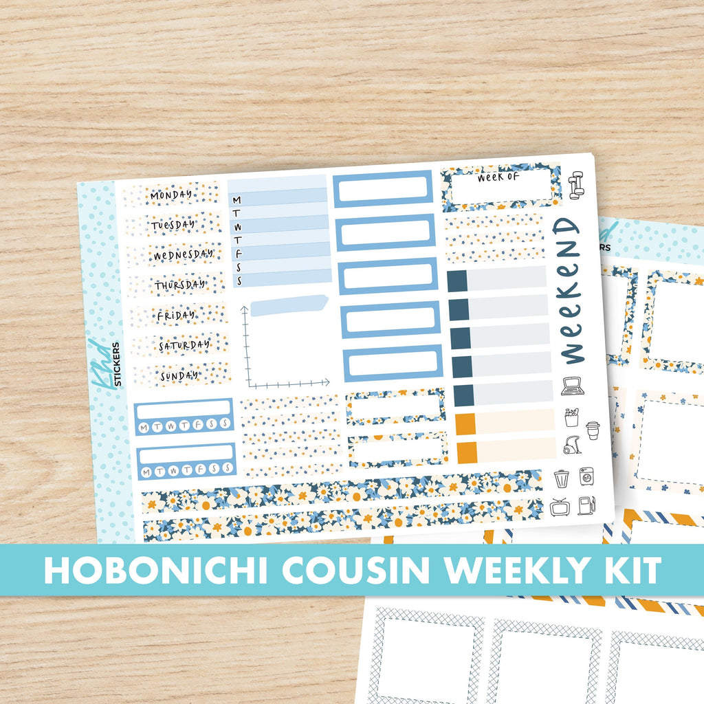 Blue & Orange Floral Sticker kit to fit Hobonichi Cousin (A5) planner