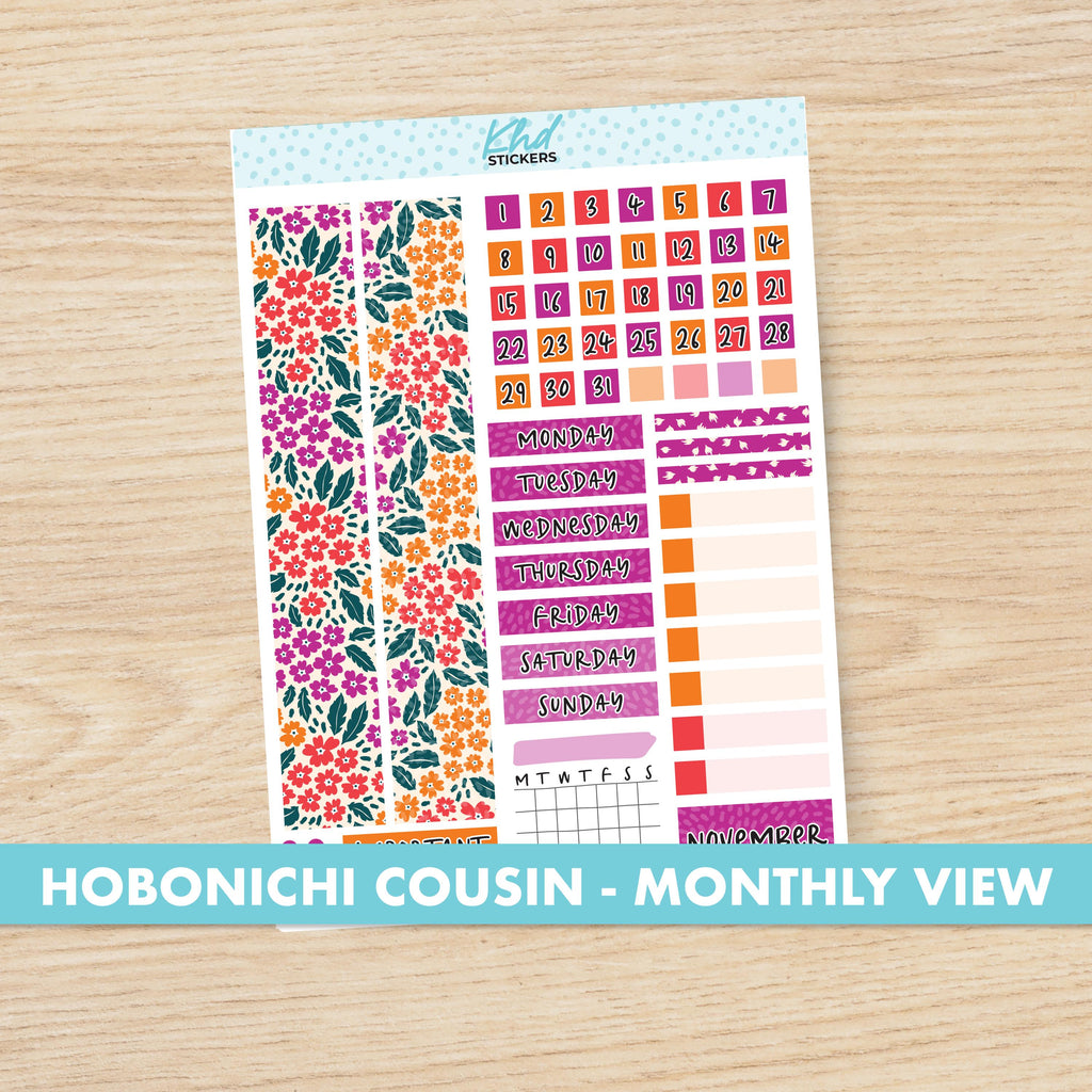 Intense Blooms Floral Hobonichi Cousin (A5) Monthly View Planner Sticker Kit, Choice of Month, Set 47015