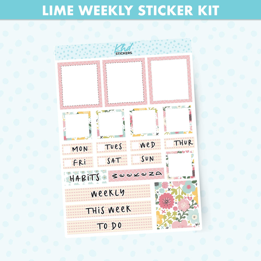 Pretty Floral Lime Weekly Planner Sticker Kit