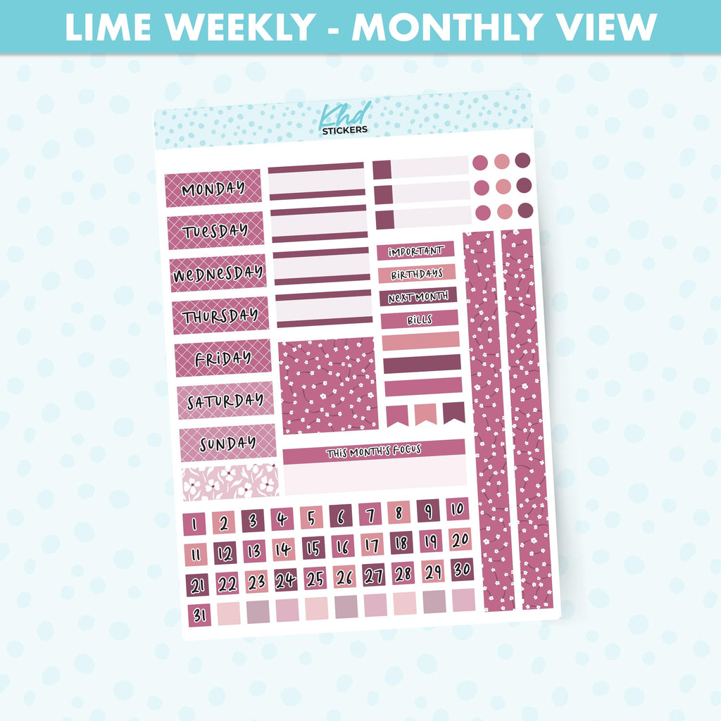 Pink Floral Lime Weekly Monthly View Planner Sticker Kit