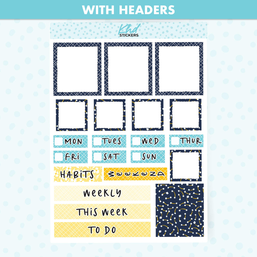 Navy blue & yellow floral Lime Weekly Planner Sticker Kit