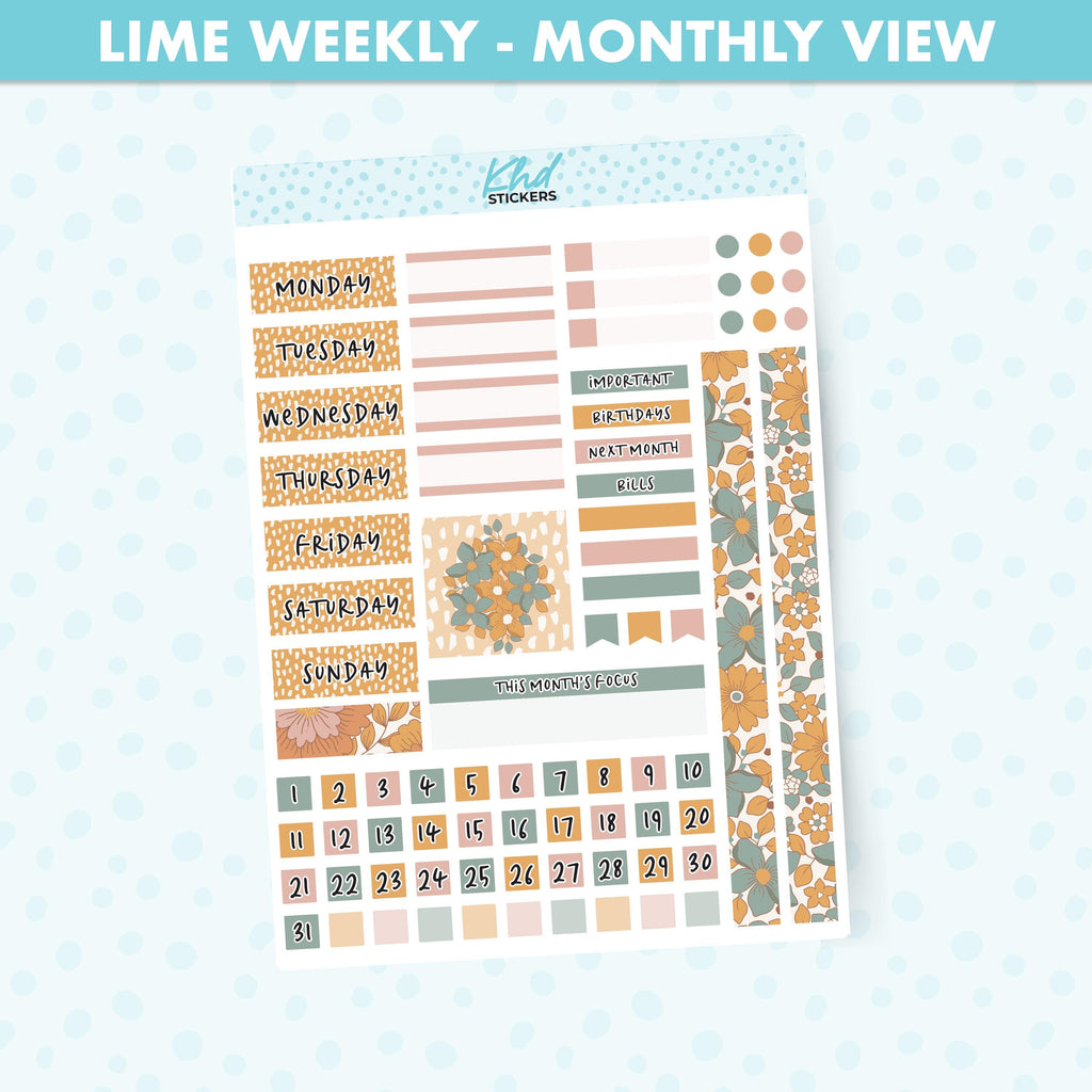 Vintage Floral Lime Weekly Monthly View Planner Sticker Kit