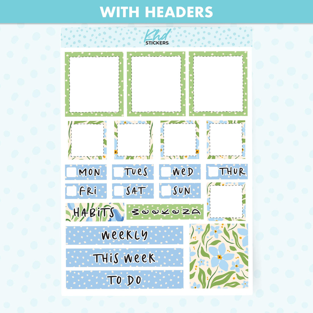 Floral Blue & Green Lime Weekly Planner Sticker Kit