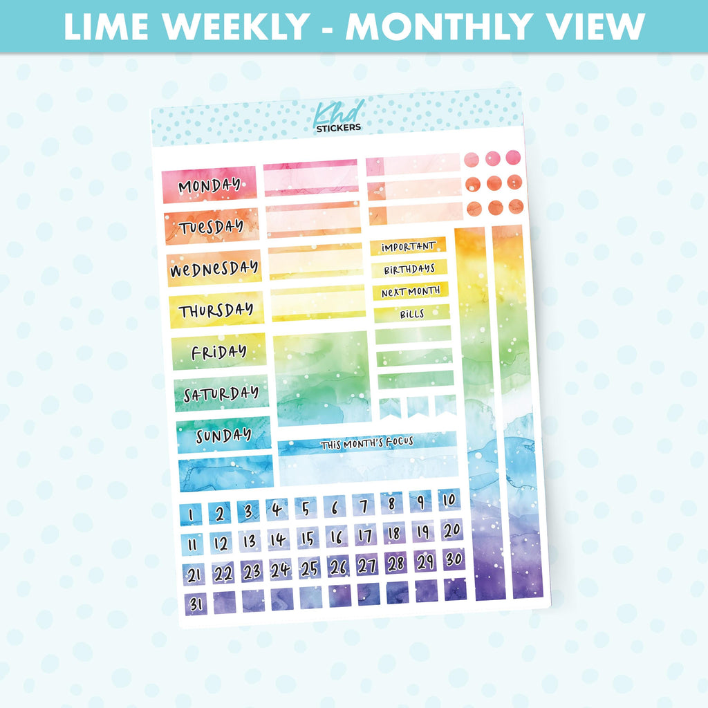 Rainbow Watercolour Lime Weekly Monthly View Planner Sticker Kit