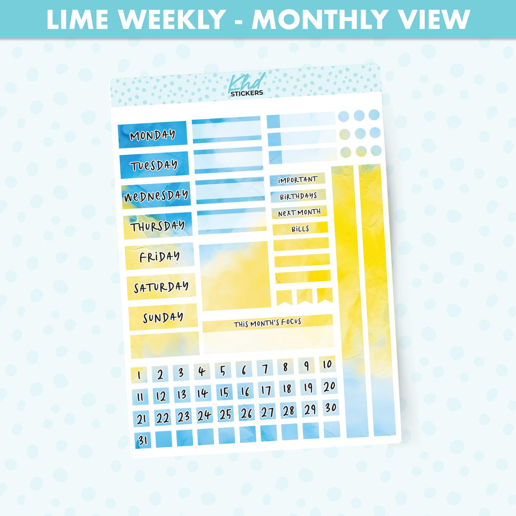 Blue & Yellow Watercolour Lime Weekly Monthly View Planner Sticker Kit, Set 47024