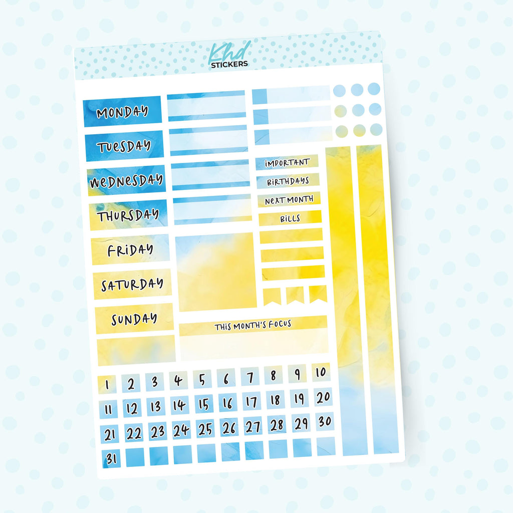 Blue & Yellow Watercolour Lime Weekly Monthly View Planner Sticker Kit, Set 47024