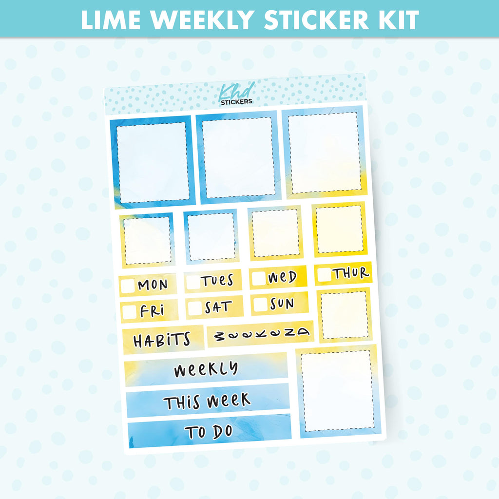 Blue & Yellow Watercolour Lime Weekly Planner Sticker Kit, Set 47024