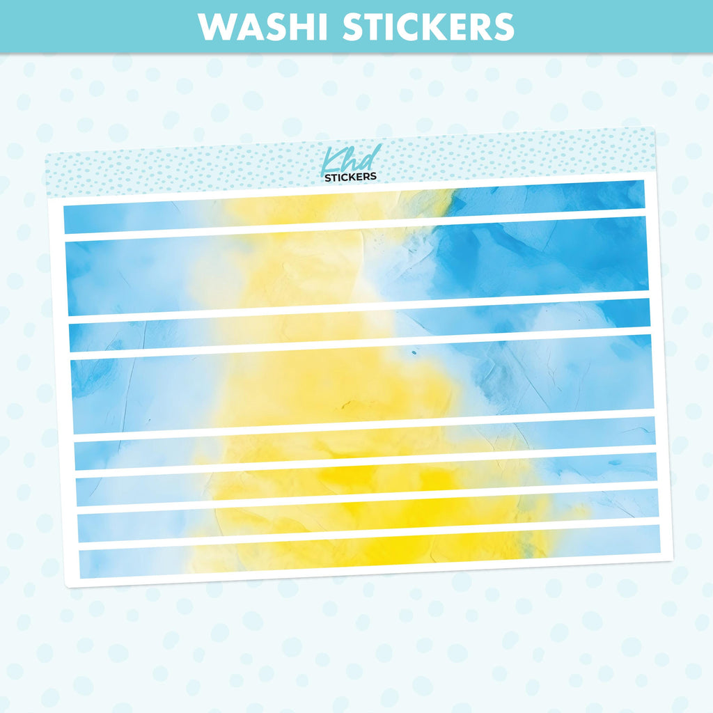 Blue & Yellow Watercolour Decorative Washi Strip Stickers, to fit most planners, dot journals, and notebooks. Set 47024