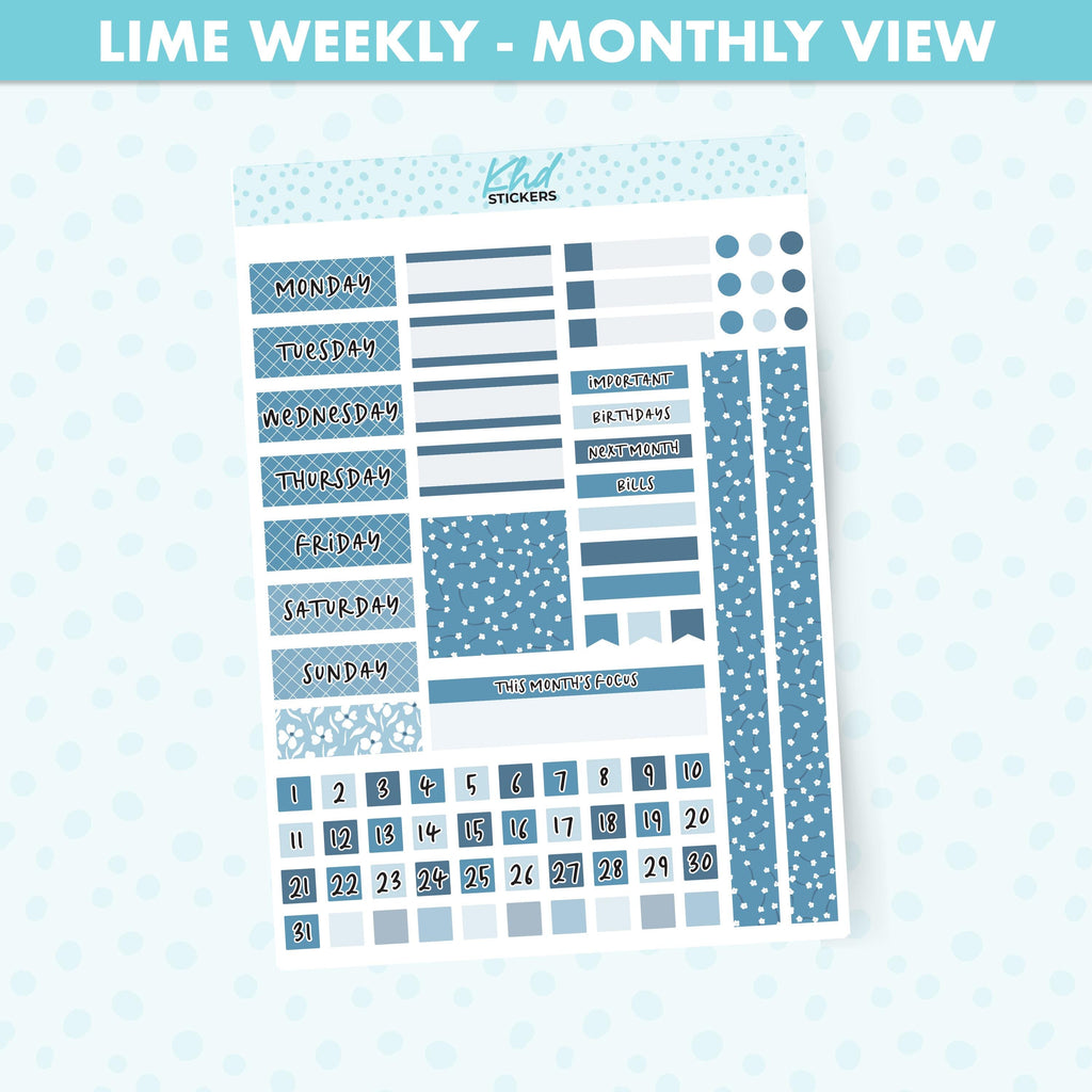 Blue Floral Lime Weekly Monthly View Planner Sticker Kit