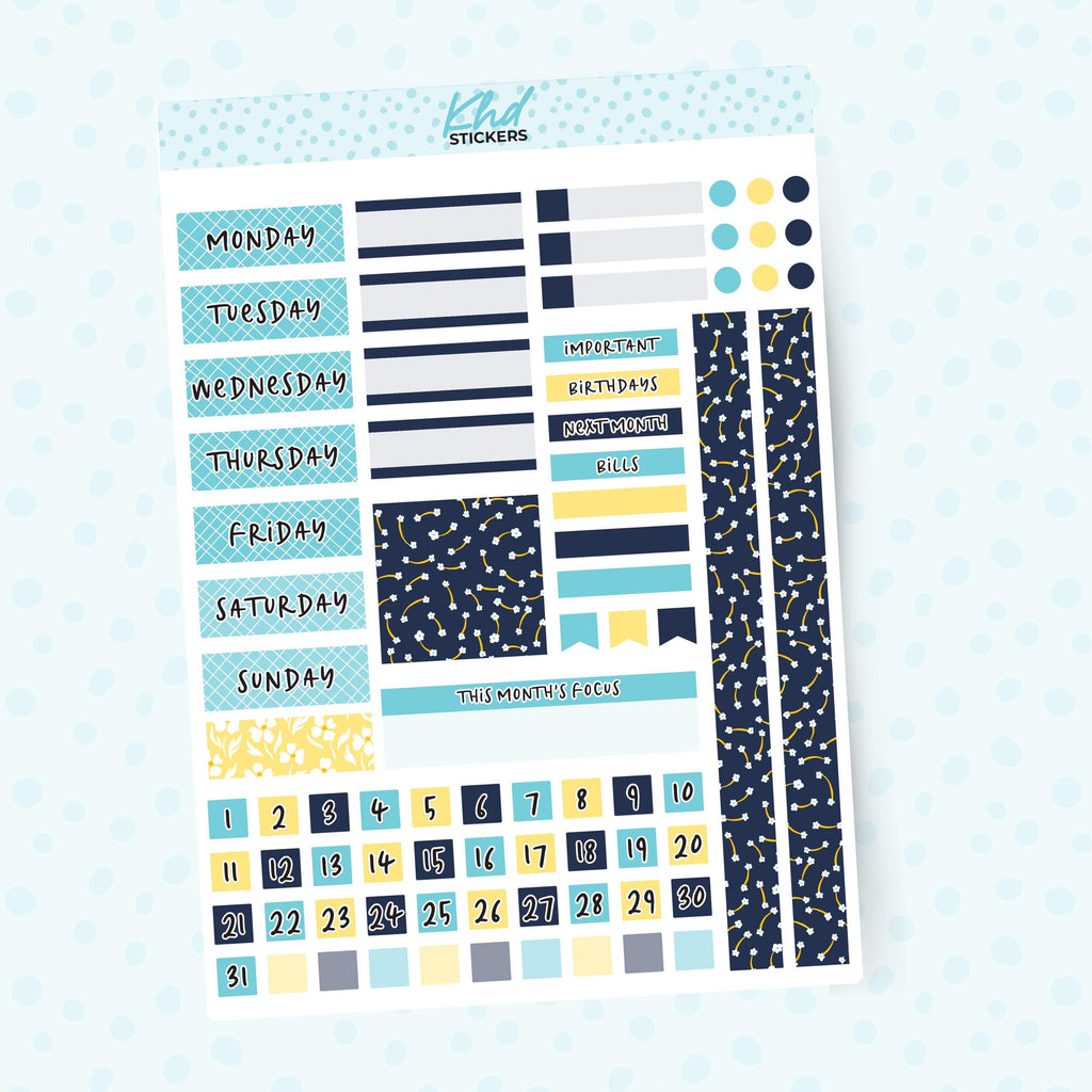 Navy Blue & Yellow Floral Lime Weekly Monthly View Planner Sticker Kit