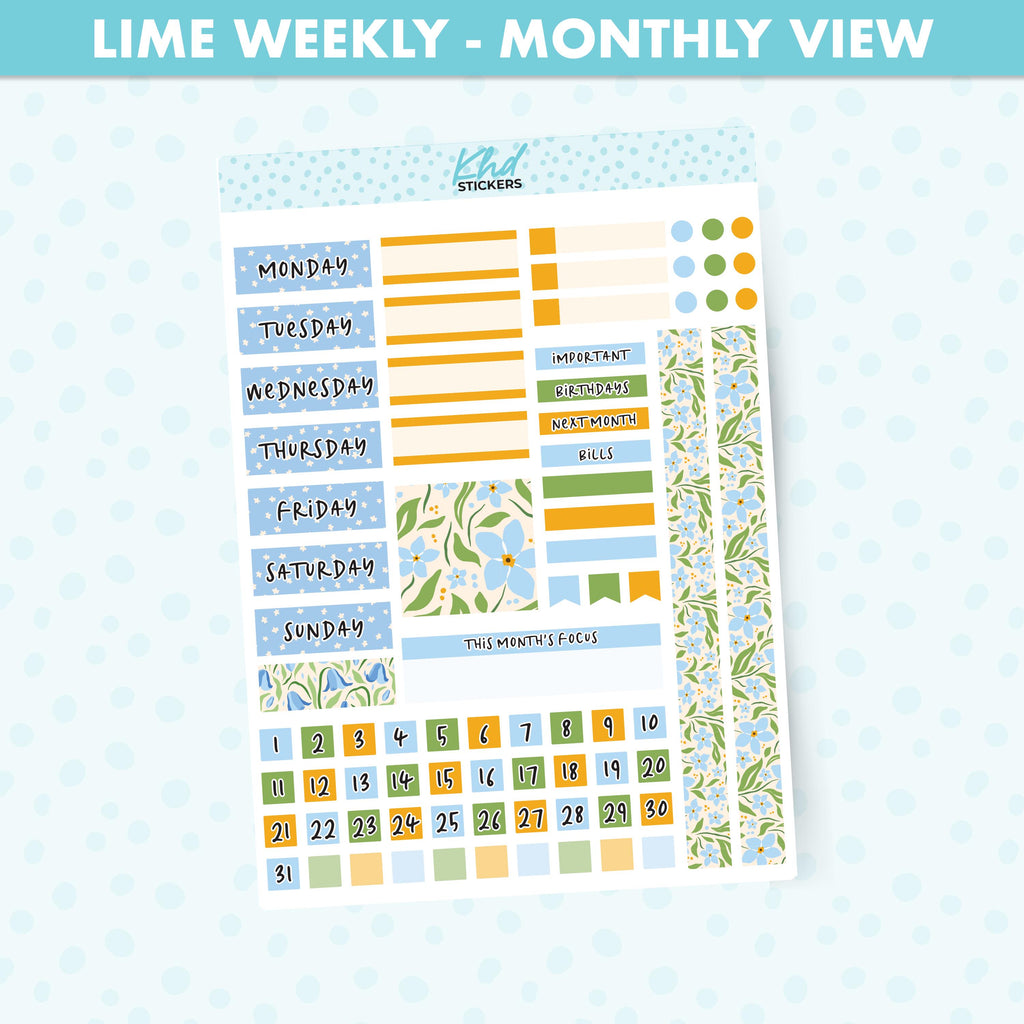 Blue & Green Floral Lime Weekly Monthly View Planner Sticker Kit