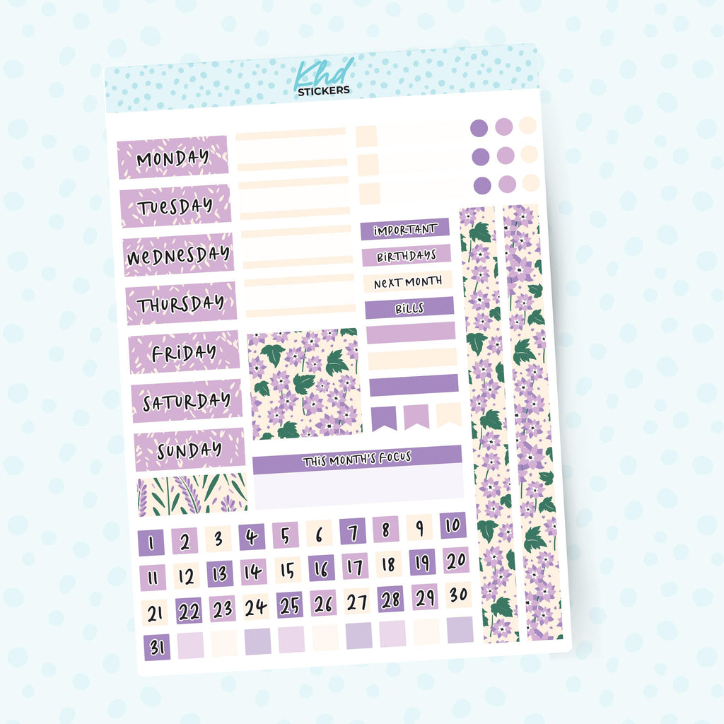 Pretty Purple Floral Lime Weekly Monthly View Planner Sticker Kit