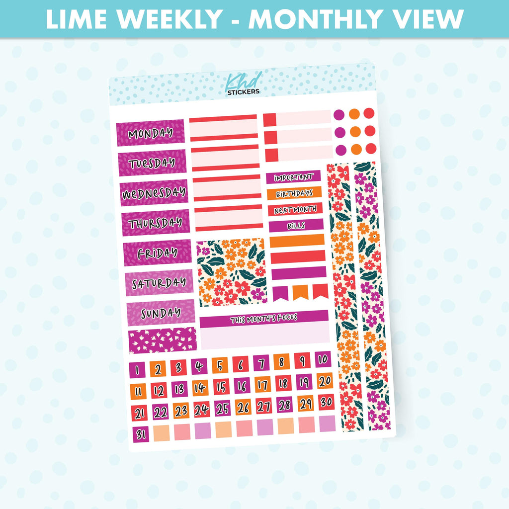 Intense Blooms Floral Lime Weekly Monthly View Planner Sticker Kit