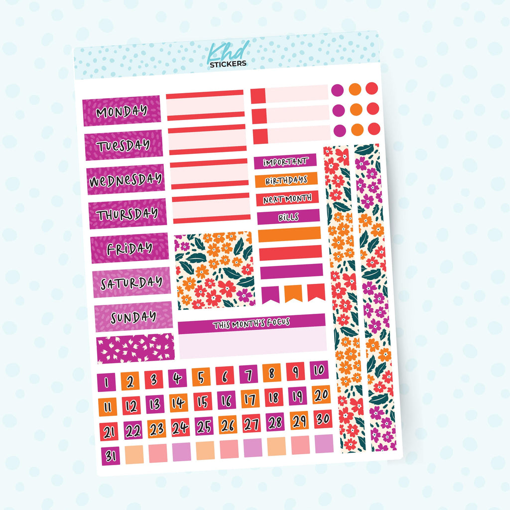 Intense Blooms Floral Lime Weekly Monthly View Planner Sticker Kit