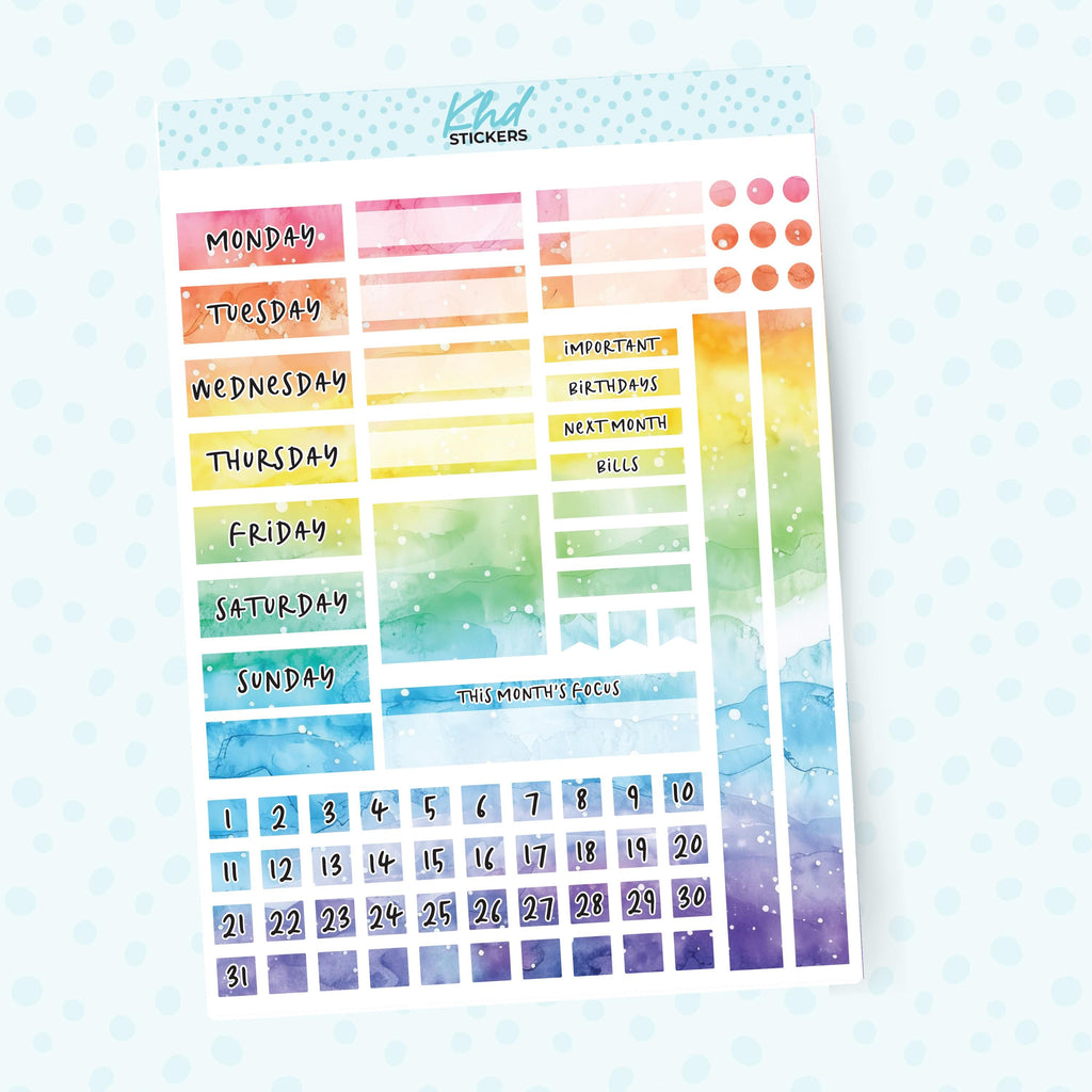 Rainbow Watercolour Lime Weekly Monthly View Planner Sticker Kit