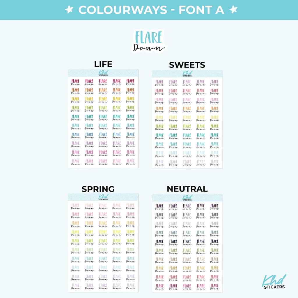 Flare Down Planner Stickers, Three Sizes including tiny, Removable