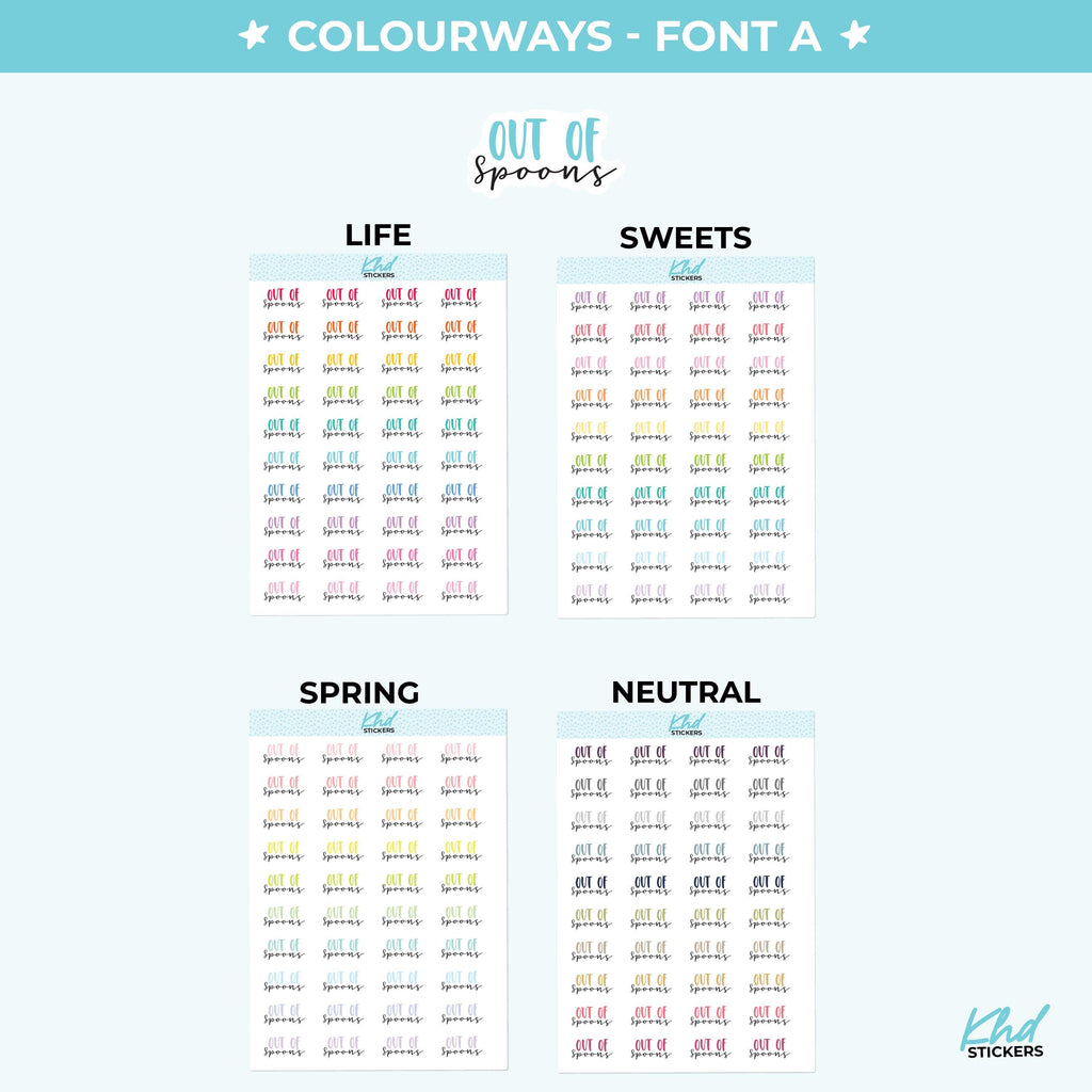 Out Of Spoons Planner Stickers, Three Sizes including tiny, Removable