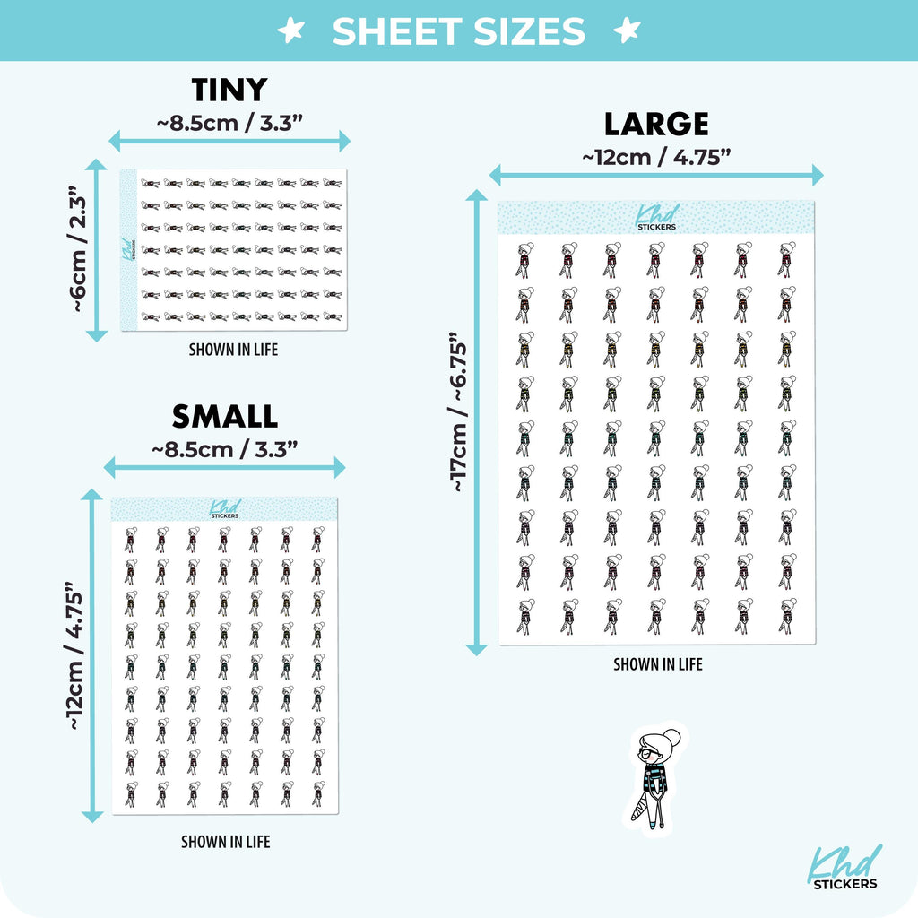 Planner Girl Leona using Crutches, Planner Stickers, 3 sizes including tiny, Removable