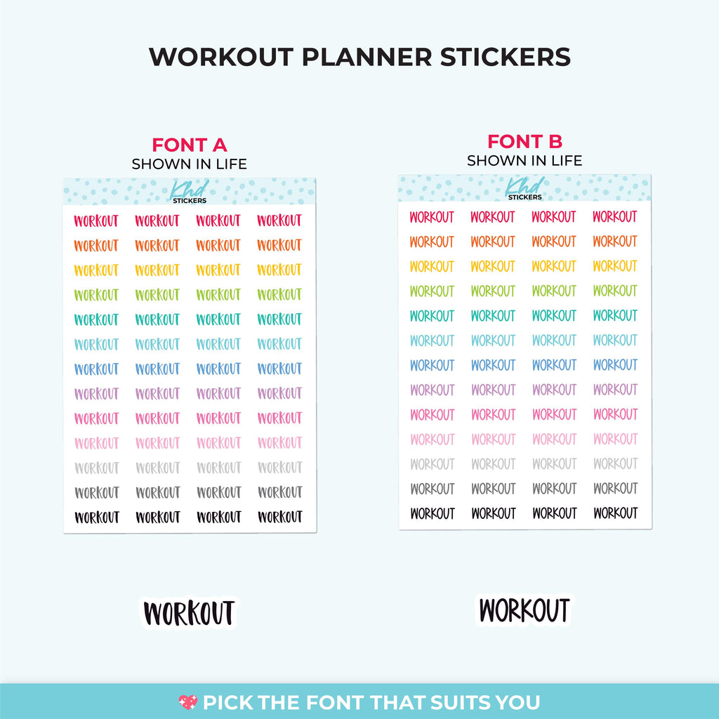Workout Planner Stickers, Select from 2 fonts & 3 sizes, Script Planner Stickers, removable