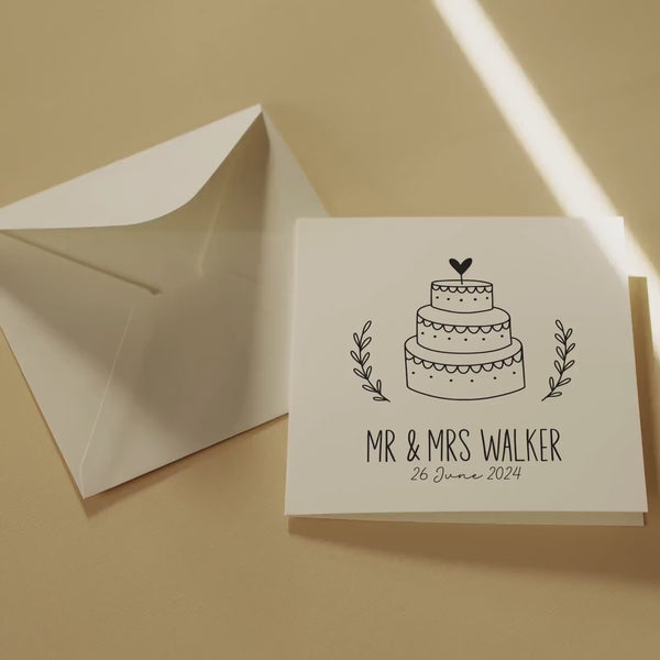 Personalised Wedding Greeting Card with Cake, Customised, Black and White Square Card