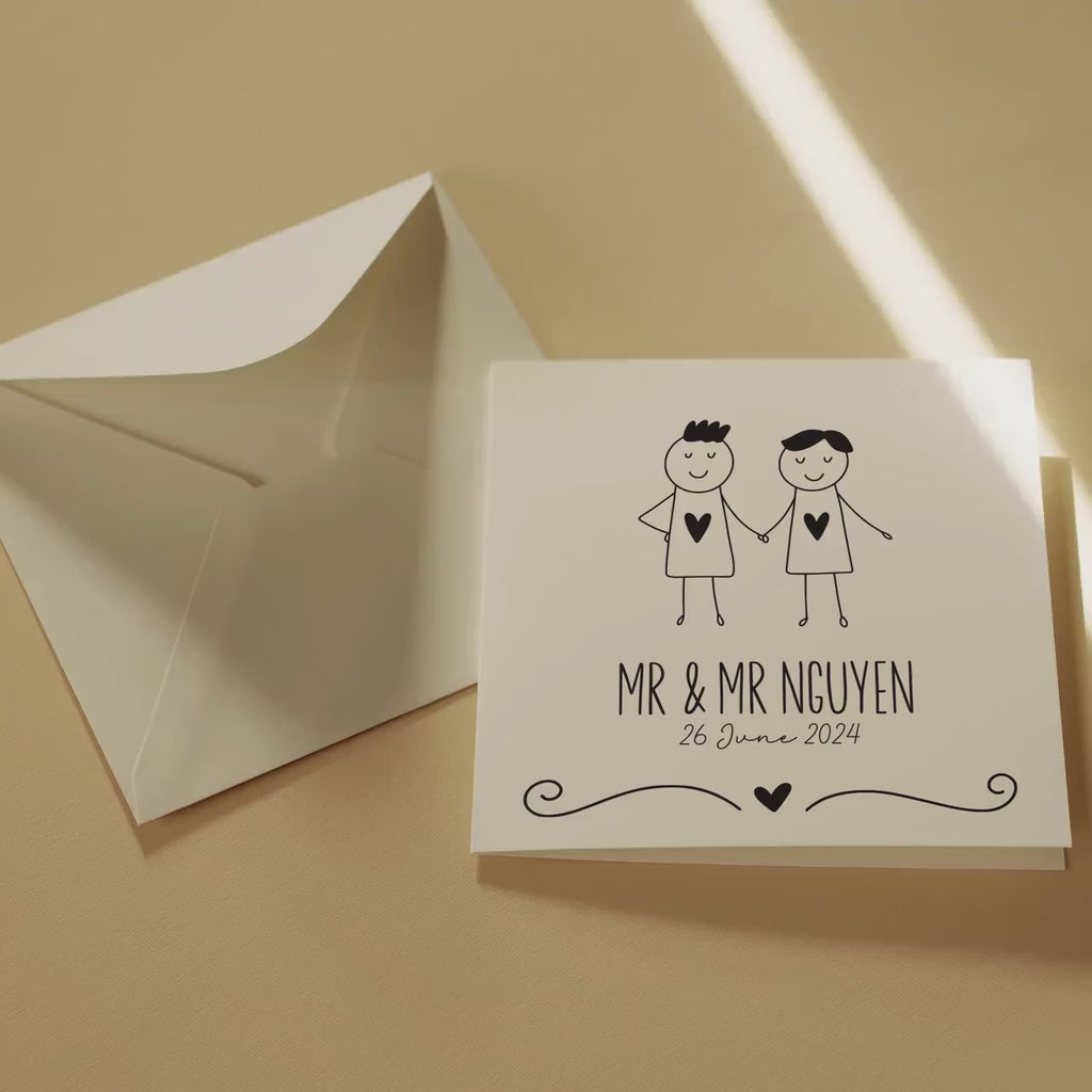 Personalised Wedding Greeting Card, Cute Black and White, Mr & Mr, Customised